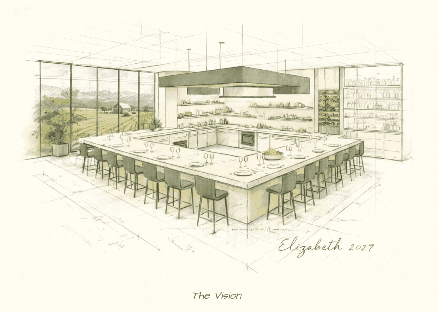 Restaurant Elizabeth — sketch of the chef's counter wrapped around the open kitchen