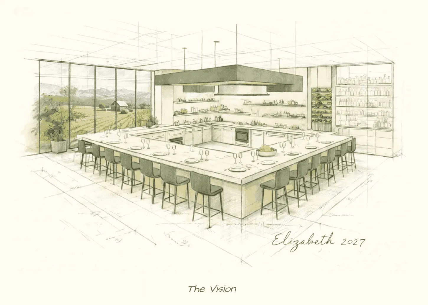 Restaurant Elizabeth — sketch of the chef's counter wrapped around the open kitchen