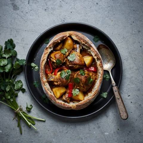 Recipe illustration of chicken curry served in a hollowed-out loaf