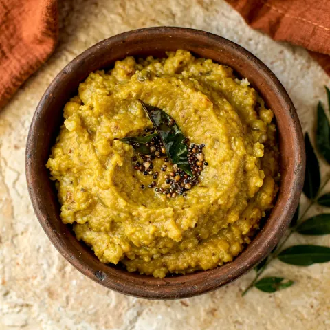 Illustration of coconut dal topped with curry leaves