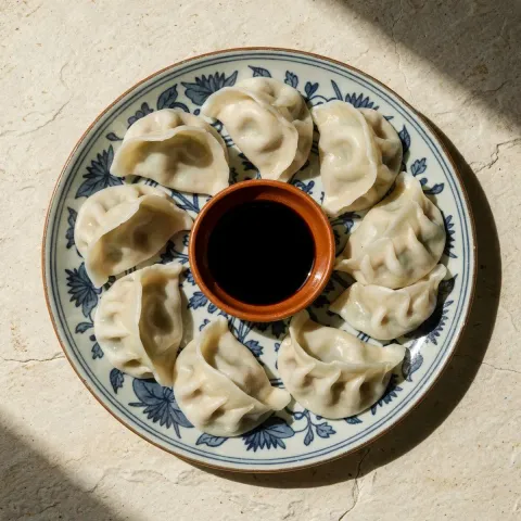 Illustration of dumplings arranged around a bowl of dipping sauce