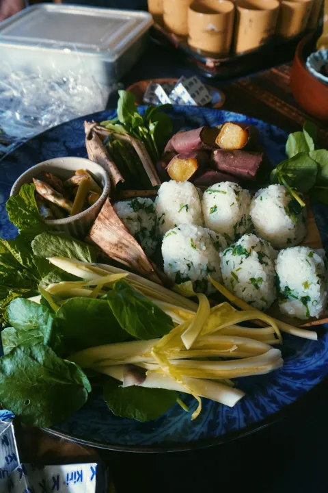 Onigiri served with vegetables and bamboo shoots in Harita-san’s mountain kitchen