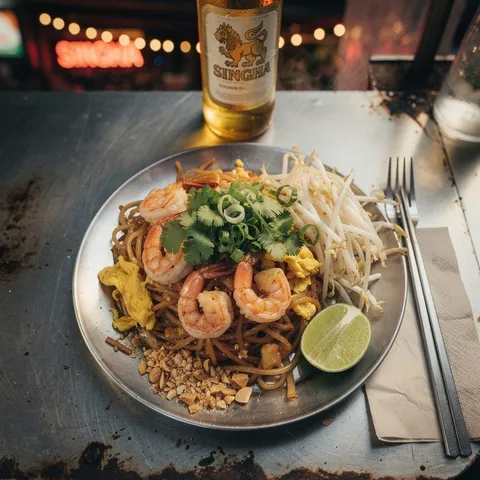 Pad Thai with prawns, bean sprouts, peanuts and lime