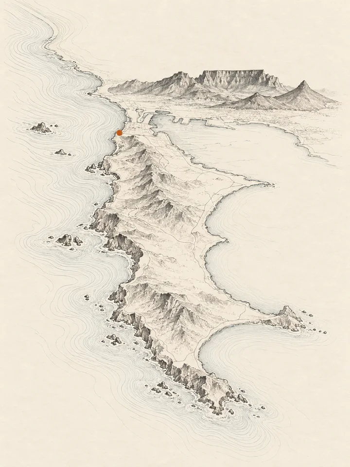 Hand-drawn map of the Cape Peninsula with Bantry Bay marked