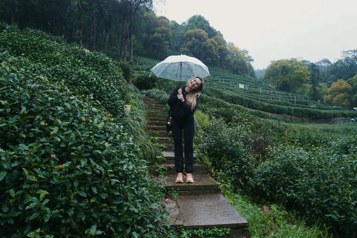 Polina standing with an umbrella on a path between tea bushes in Hangzhou