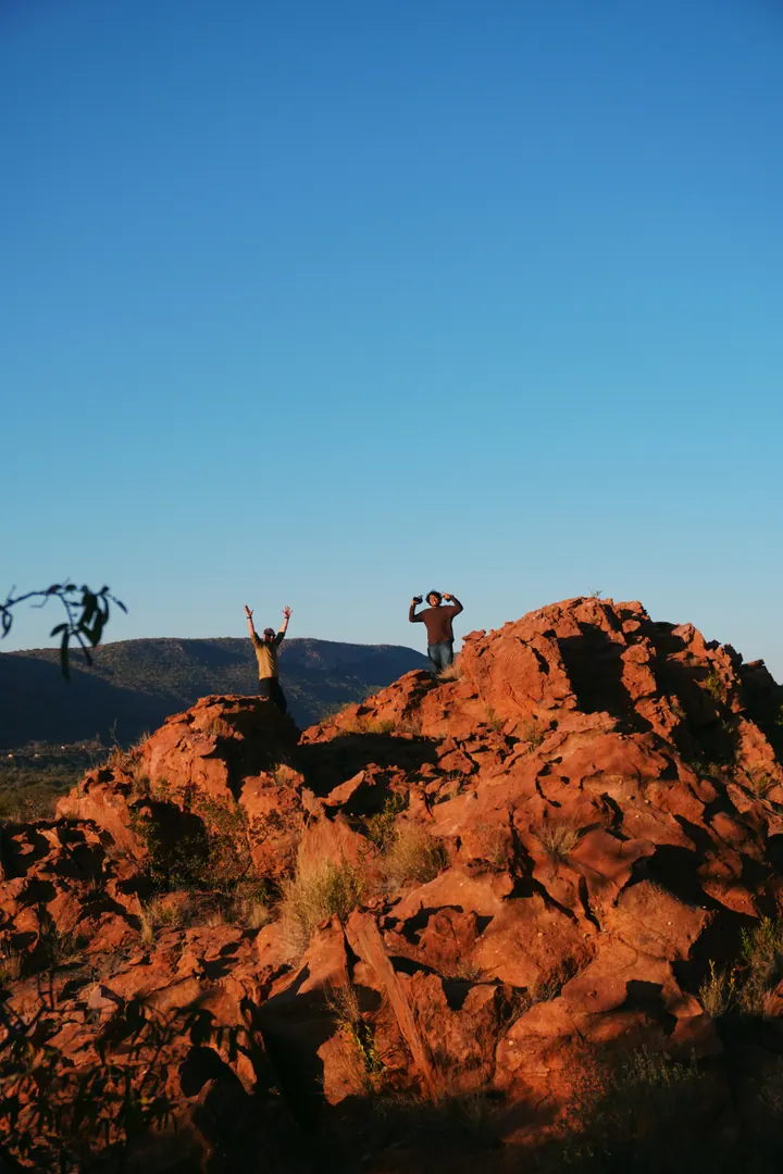 Rock formations and bush lit by low sunlight at Few & Far