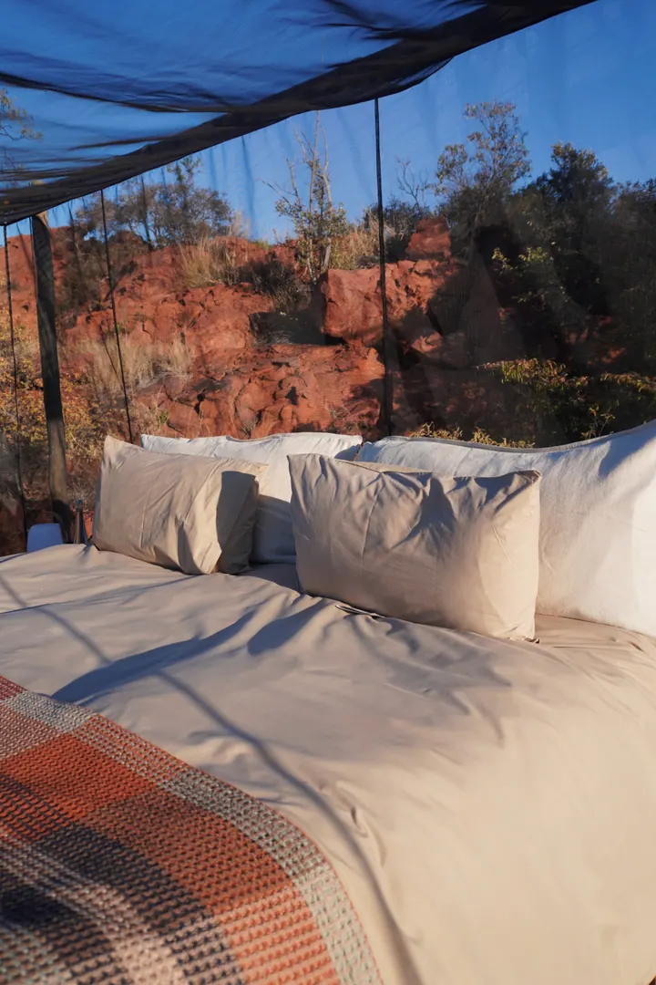 An outdoor bed under a canopy with a view across the bush