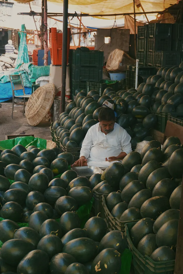 A vendor seated among stacks of watermelons at a market in Pune