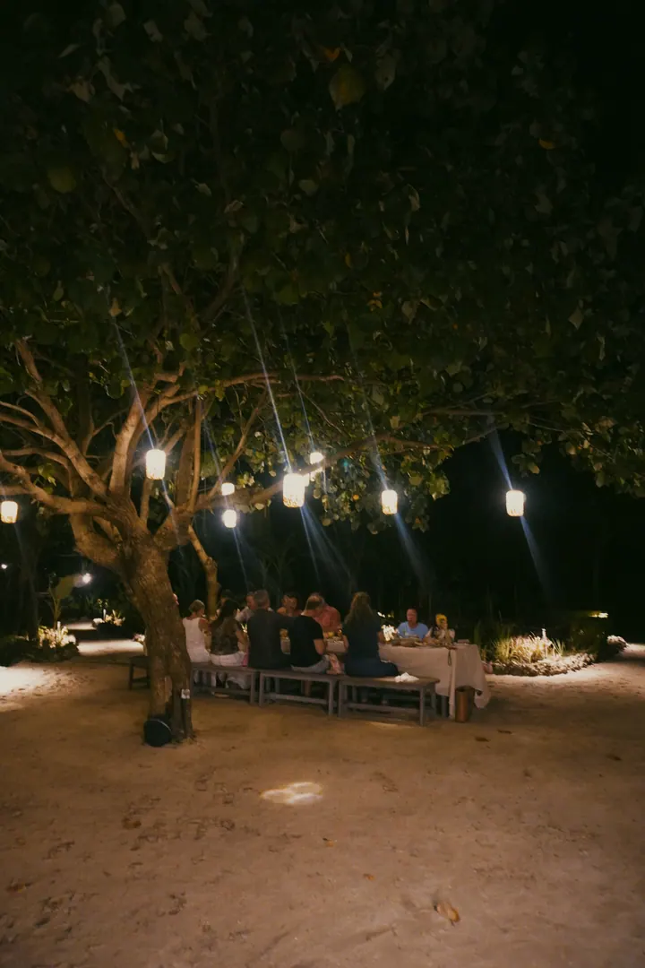 A dinner table under hanging lights and trees at Cap Karoso